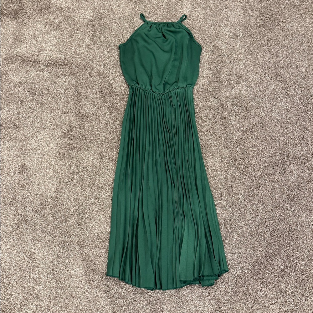 Mi Ami - Emerald Green Pleated Midi Dress, High Neck, size XXS